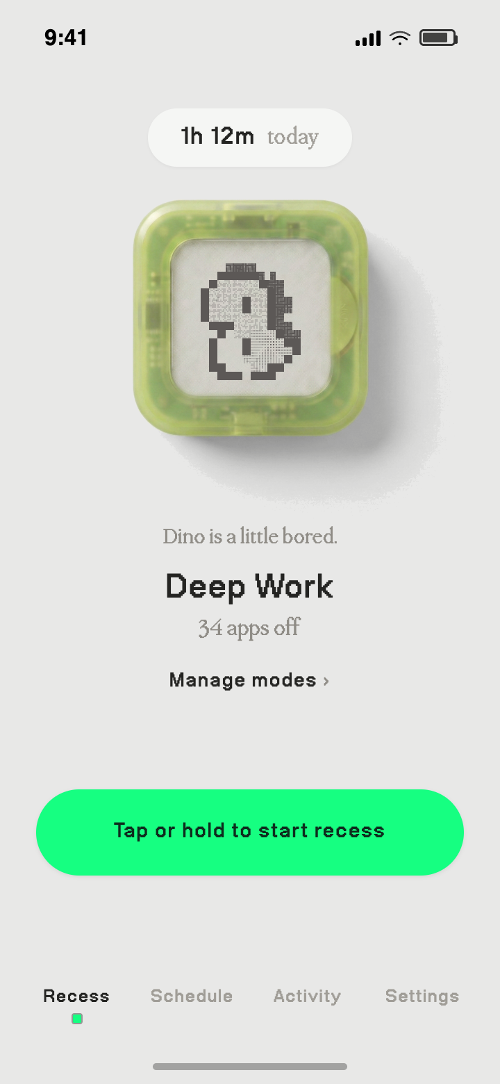 Recess home screen showing a Deep Work mode with 34 apps off