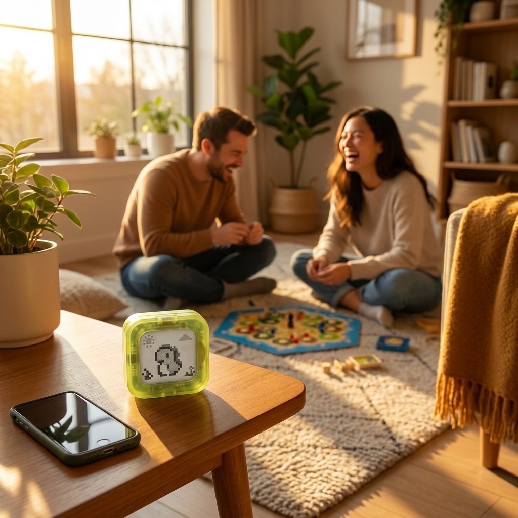 Two people laughing over a board game while Dino rests nearby